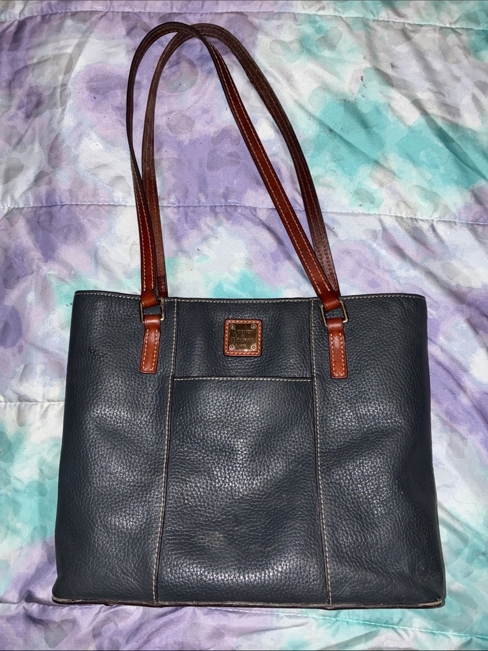 Dooney & Bourke Navy Pebbled Leather Tote with Brown Straps and Logo Plaque